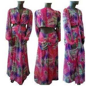 F NOVA Chiffon Tropical Print Open Sides Jeweled Maxi Dress 3X Pink Purple Green